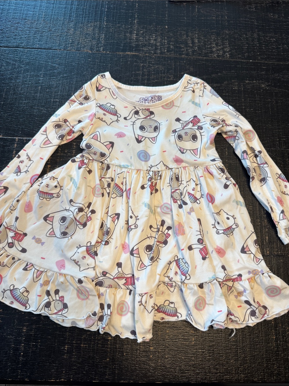 Girls Cream Long-Sleeve Gabby’s Dollhouse Kitty Print Dress size 3T